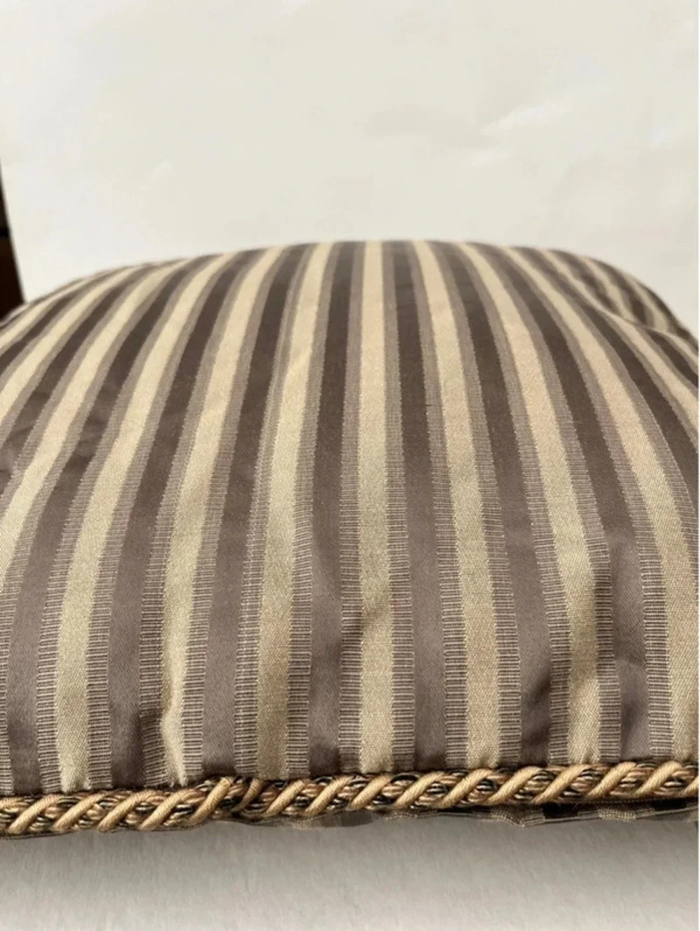 Blush Satin Stripe Double Sided Throw Pillow Rope Cording 16 x 16 Beige Brown